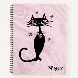 Rosa Retro-Atom-Katze Personalisiertes Spiralnotiz Notizbuch