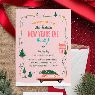 Rosa Retro-Auto Althergebrachte Silvesterparty Einladung