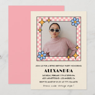 Rosa Retro-Blumen-Foto-Einladung zum 39. Geburtsta Einladung