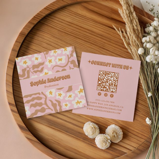Rosa Retro-Blumen-QR-Code Quadratische Visitenkarte (Von Creator hochgeladen)