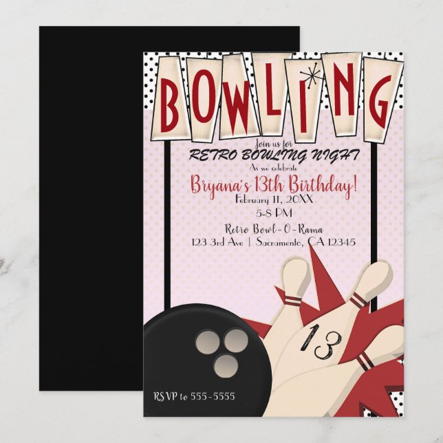Rosa Retro Bowling Bowl Night Birthday Party Einladung (Vorne/Hinten)