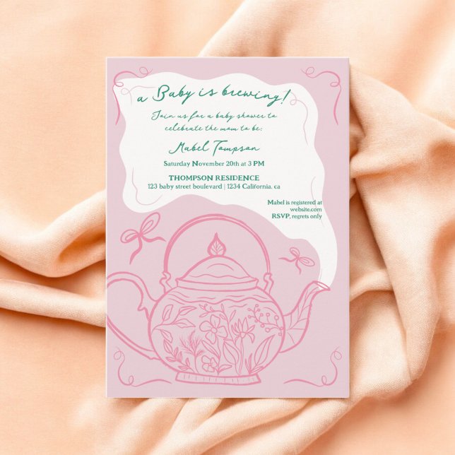Rosa Retro Bows Teekanne Baby Brauen Dusche Einladung (Pink retro bows teapot baby is brewing shower invitation)