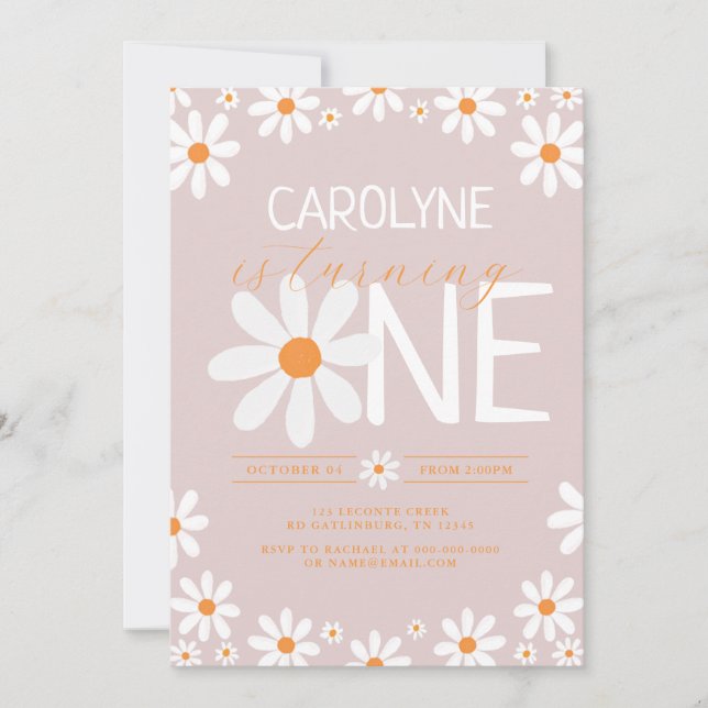 Rosa Retro Daisy Erstgeburtstag Party Einladungen (Vorderseite)