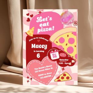 Rosa Retro-Disco-Mädchen-Pizza-Party Bunt Einladung