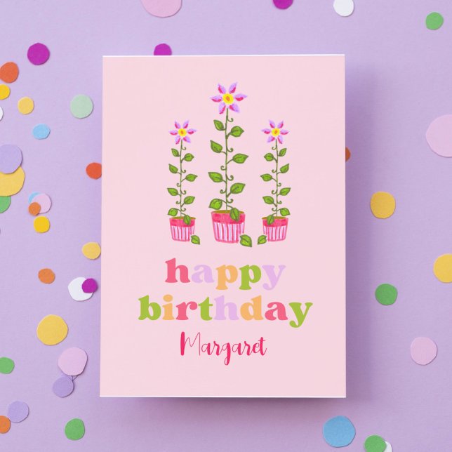 Rosa Retro farbenfrohe Blüte Personalisiert Geburt Karte (This boho pink birthday card makes the guest of honor smile!)