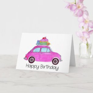 Rosa Retro Fiat 500 Geburtstag Karte