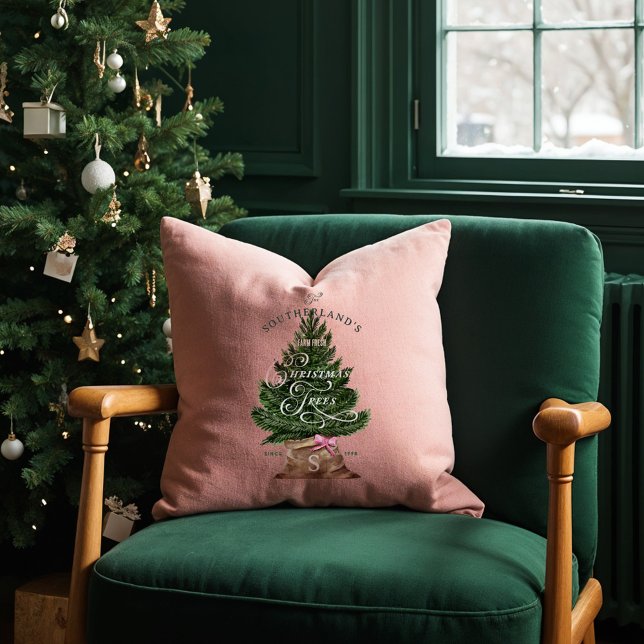 Rosa Retro Fun Vintag Farm Frische Baummonogramm Kissen (Pink Retro Fun Vintage Farm Fresh Tree Monogram Throw Pillow)