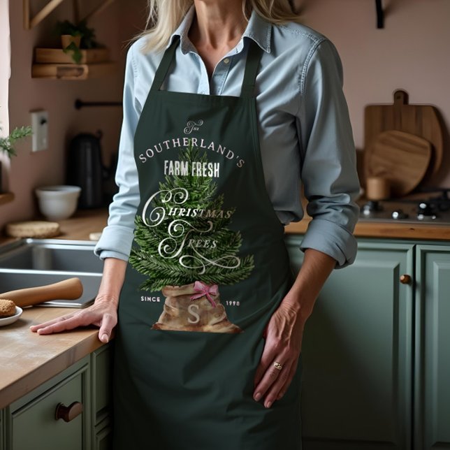 Rosa Retro Fun Vintag Farm Frische Baummonogramm Schürze (Pink Retro Fun Vintage Farm Fresh Tree Monogram Apron)