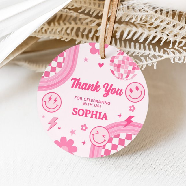 Rosa Retro Groovy Geburtstagsparty Runde Geschenkanhänger (Pink Retro Groovy Let's Party Birthday Party Round Favor Tags)