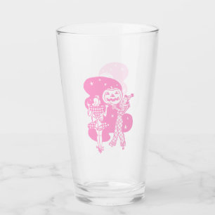 Rosa Retro-Halloween-Damen mit Kürbis-Glas-Tasse Glas