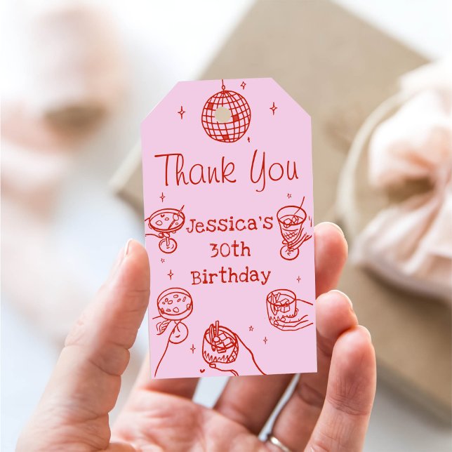 Rosa Retro Hand gezeichnet Funky Cocktail Geburtst Geschenkanhänger (Von Creator hochgeladen)