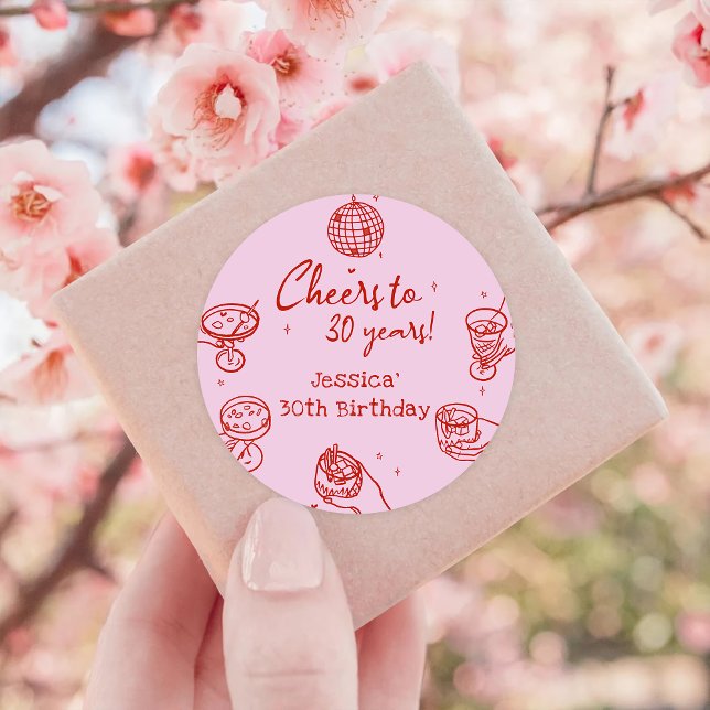 Rosa Retro Hand gezeichnet Funky Cocktail Geburtst Runder Aufkleber (Von Creator hochgeladen)