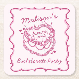Rosa Retro Herz Coquette Cherry Cake Bachelorette Rechteckiger Pappuntersetzer