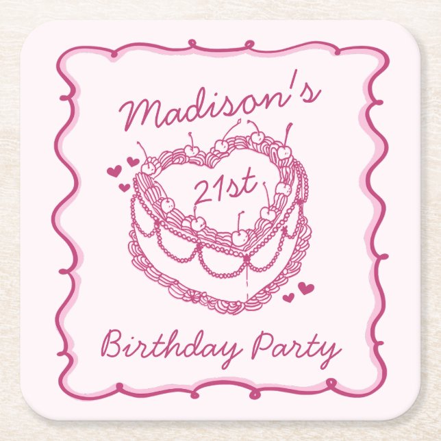 Rosa Retro Herz Coquette Cherry Cake Birthday Rechteckiger Pappuntersetzer (Vorderseite)