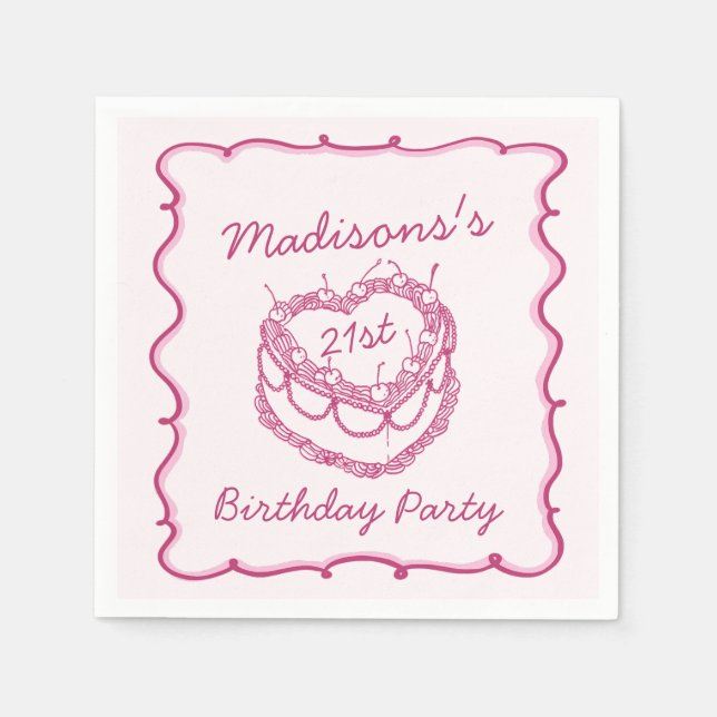 Rosa Retro Herz Coquette Cherry Cake Birthday Serviette (Vorderseite)