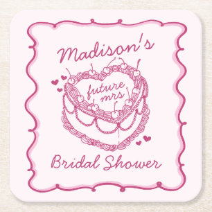 Rosa Retro Herz Coquette Cherry Cake BridalDusche Rechteckiger Pappuntersetzer