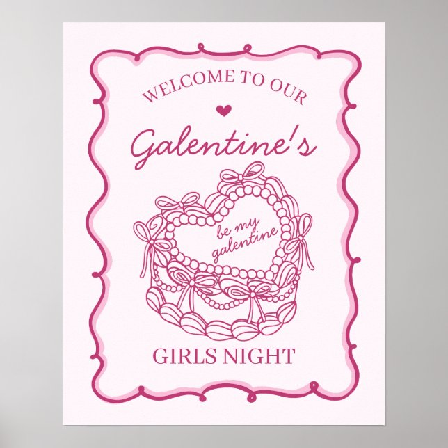 Rosa Retro Herz Coquette Kuchen Galentine Willkomm Poster (Vorne)