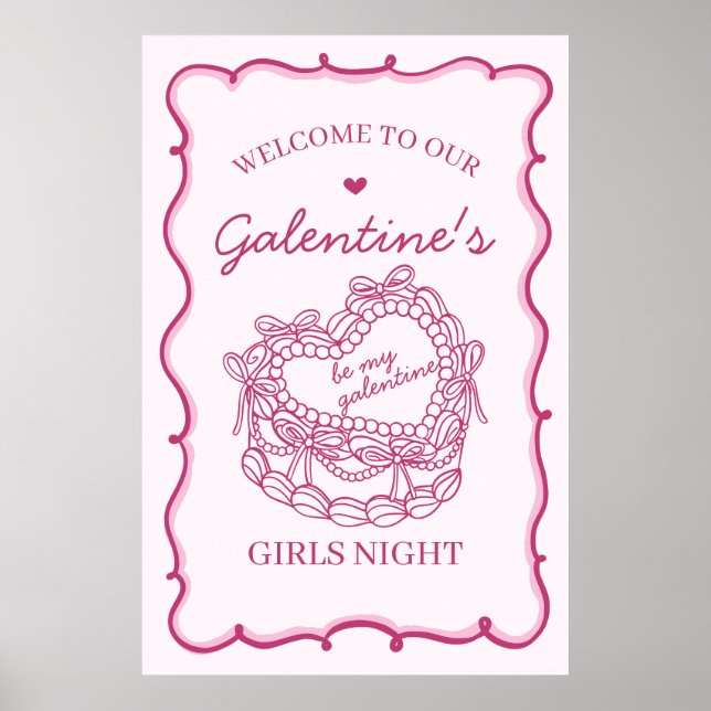 Rosa Retro Herz Coquette Kuchen Galentine Willkomm Poster (Vorne)