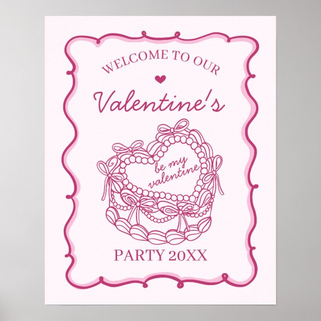 Rosa Retro Herz Coquette Kuchen Valentine Willkomm Poster (Vorne)