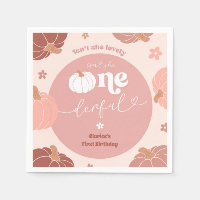 Rosa Retro-Kürbis 1. Geburtstag Papier Serviette (Vorderseite)