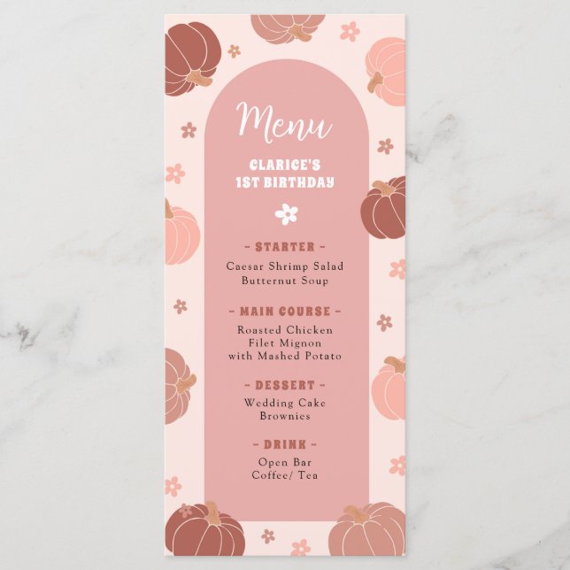 Rosa Retro-Kürbis-Boho-Erstgeburtstagsmenü Menükarte (Vorderseite)