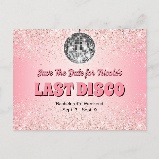 Rosa Retro Letzte Disco Bacheloretto Save the Date Postkarte (Vorderseite)