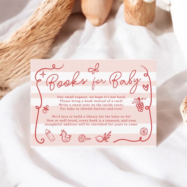 Rosa Retro Niedliche Illustriert Books Kinderdusch Begleitkarte (Red Pink Retro Cute Illustrated Books Baby Shower Enclosure Card)
