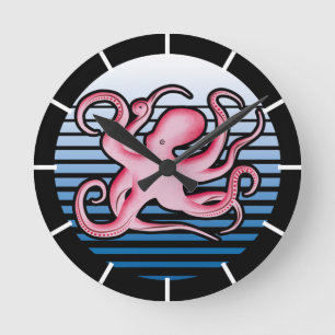 Rosa Retro Octopus Runde Wanduhr