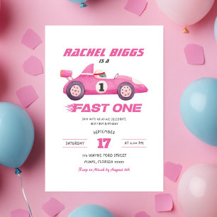 Rosa Retro-Rennwagen Mädchen erster Geburtstag Einladung