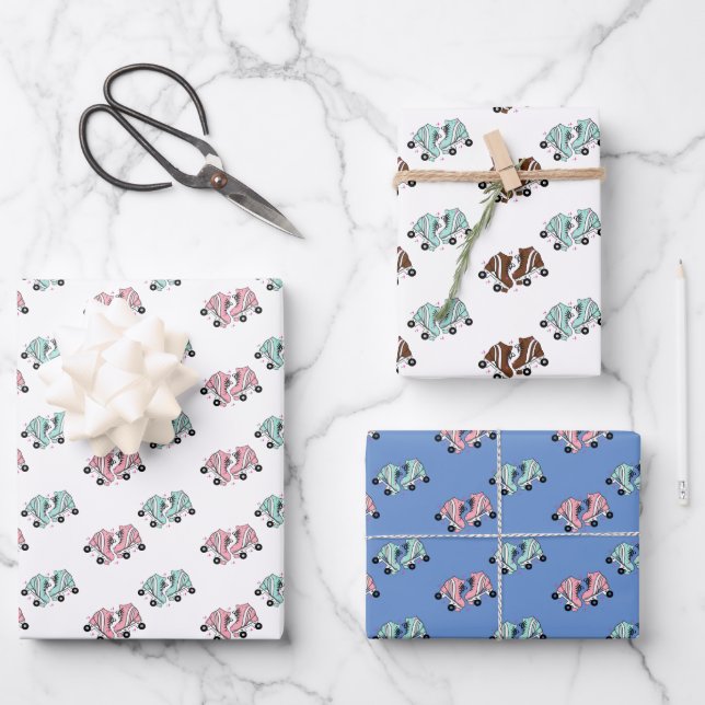 Rosa Retro Roller Skate Geschenkpapier Set (Vorderseite)