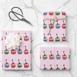 Rosa Retro Skilift Illustration Skier Geschenkpapier Set