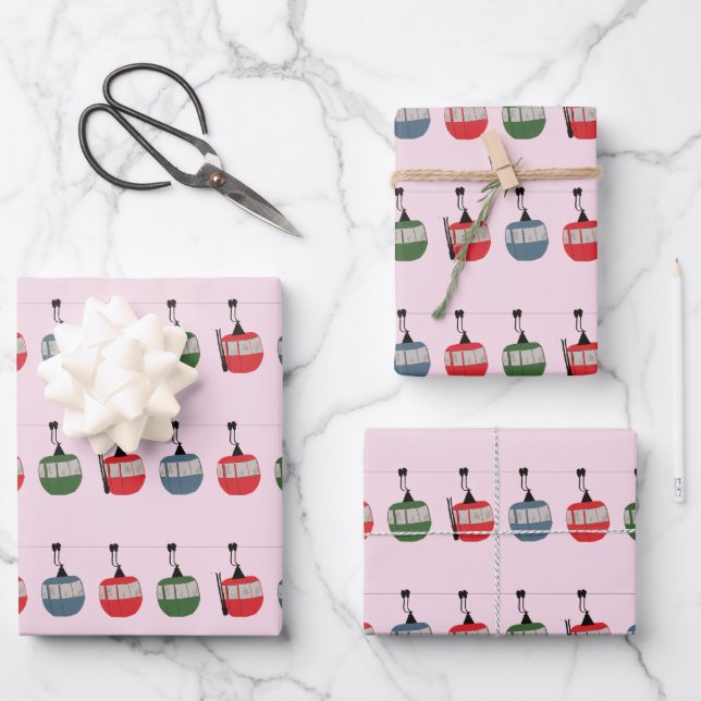 Rosa Retro Skilift Illustration Skier Geschenkpapier Set (Vorderseite)