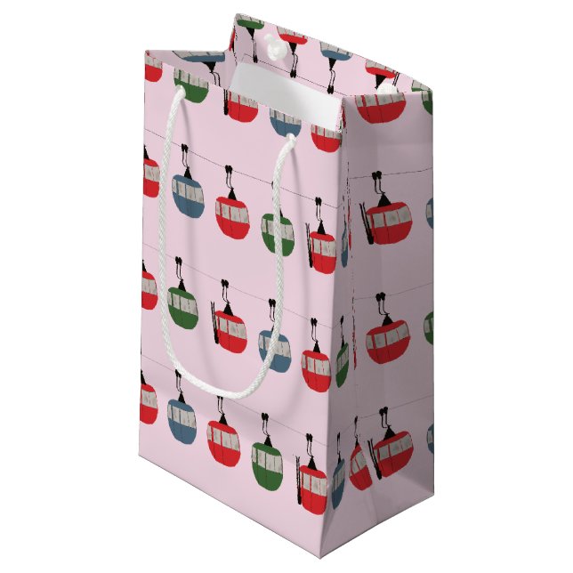 Rosa Retro Skilift Illustration Skier Kleine Geschenktüte (Vorderseite Schrägansicht)