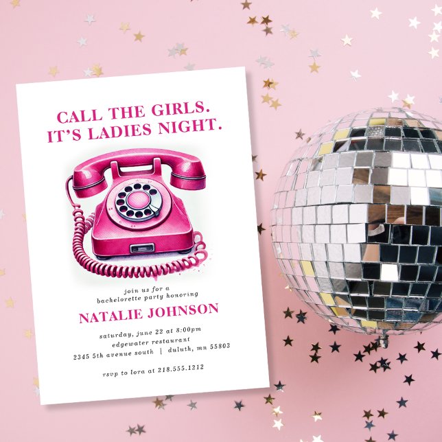 Rosa Retro-Telefon Anrufen Sie die Girls Junggesel Einladung (Get ready to celebrate the bride-to-be with our Pink Retro Phone Bachelorette Party Invitation!)