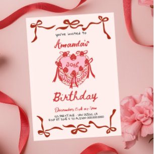 Rosa Retro-Torte und rotes Schleifen-Coquette-Gebu Einladung