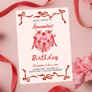 Rosa Retro-Torte und rotes Schleifen-Coquette-Gebu Einladung
