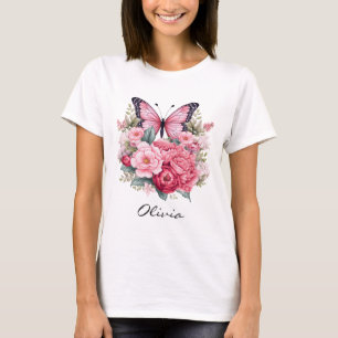 Rosa Retro Wasserfarbenfrohe Schmetterlinge & Blum T-Shirt