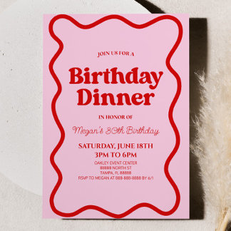 Rosa Retro Wavy Border Birthday Dinner Party Einladung