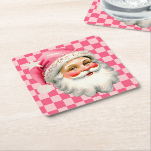 Rosa Retro-Weihnachtsmann Rosa Tartan Karo Weihnac Rechteckiger Pappuntersetzer
