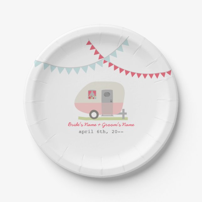Rosa Retro-Wohnwagen-Hochzeit Pappteller (Vorderseite)