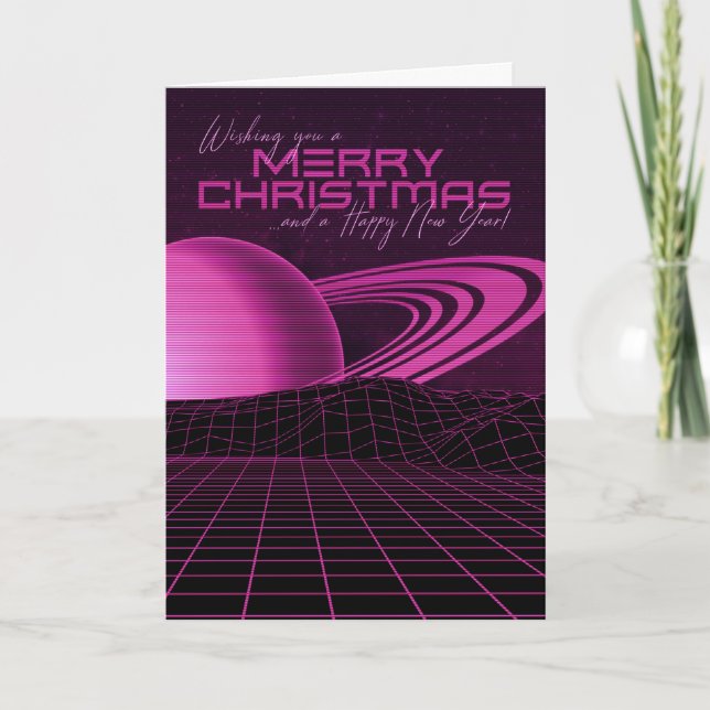 Rosa Retrowave Weihnachtskarte Feiertagskarte (Vorderseite)