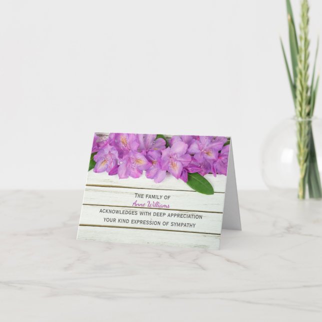 Rosa Rhododendron auf Holz Danke von der Familie (Vorderseite)