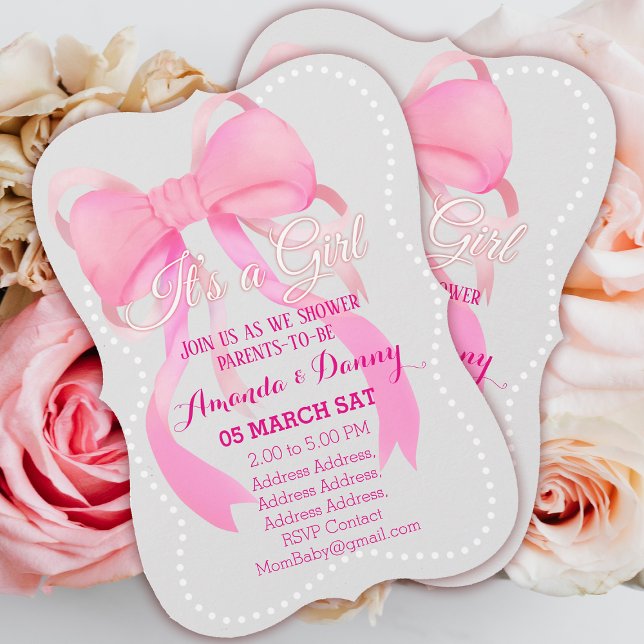 Rosa Ribbon Babydusche Grau Feiertagskarte (Ribbon Baby Shower Invitation Card.)