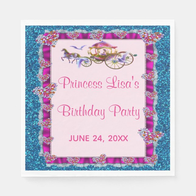 Rosa Ribbon Blue Glitzer Royal Princess Birthday Serviette (Vorderseite)