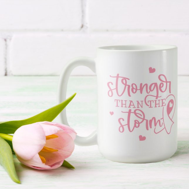 Rosa Ribbon Brustkrebs Kaffeetasse (Stronger than the storm! A pretty mug for breast cancer warriors and survivors.)