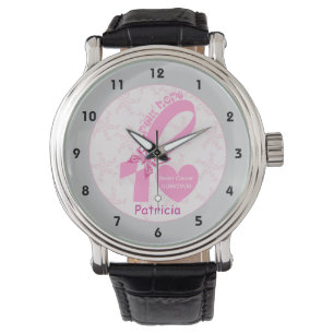 Rosa Ribbon Brustkrebs Überlebende, graue Grenze Armbanduhr