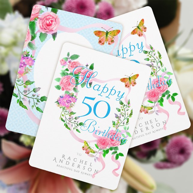 Rosa Ribbon Geburtstag Feiertagskarte (Chic Romantic Pink Rose Ribbon Happy Birthday Card.)