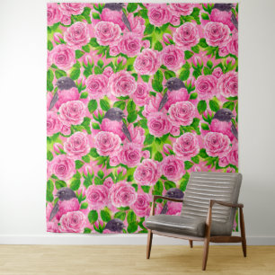 Rosa Robin und Rose Wandteppich