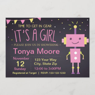 Rosa Robot Baby Shower Einladung