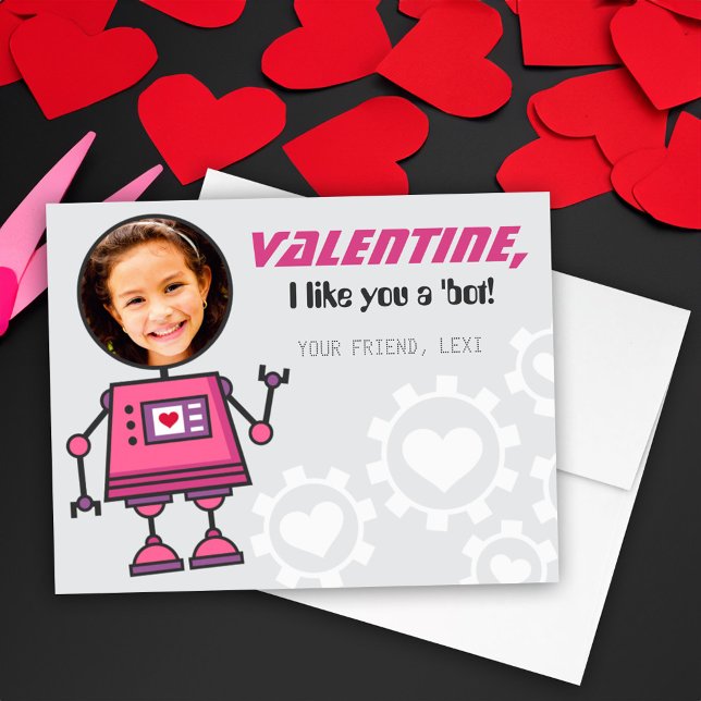 Rosa Robot Valentinstag Girl Foto Feiertagskarte (Von Creator hochgeladen)